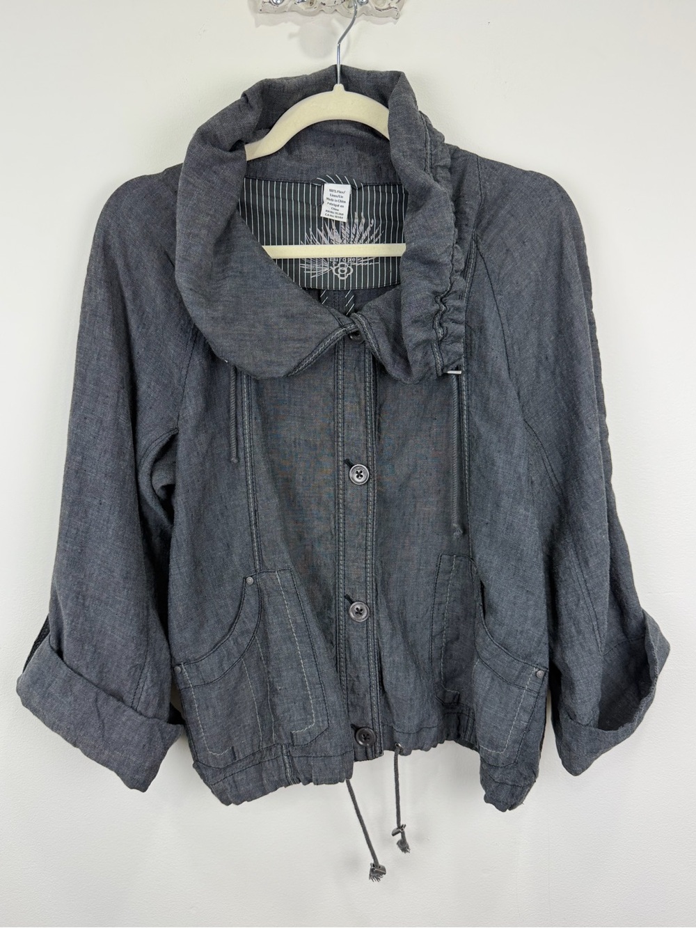 Olsen Europe Gray Linen Utility Jacket Roll Tab Sleeves Boho US 8